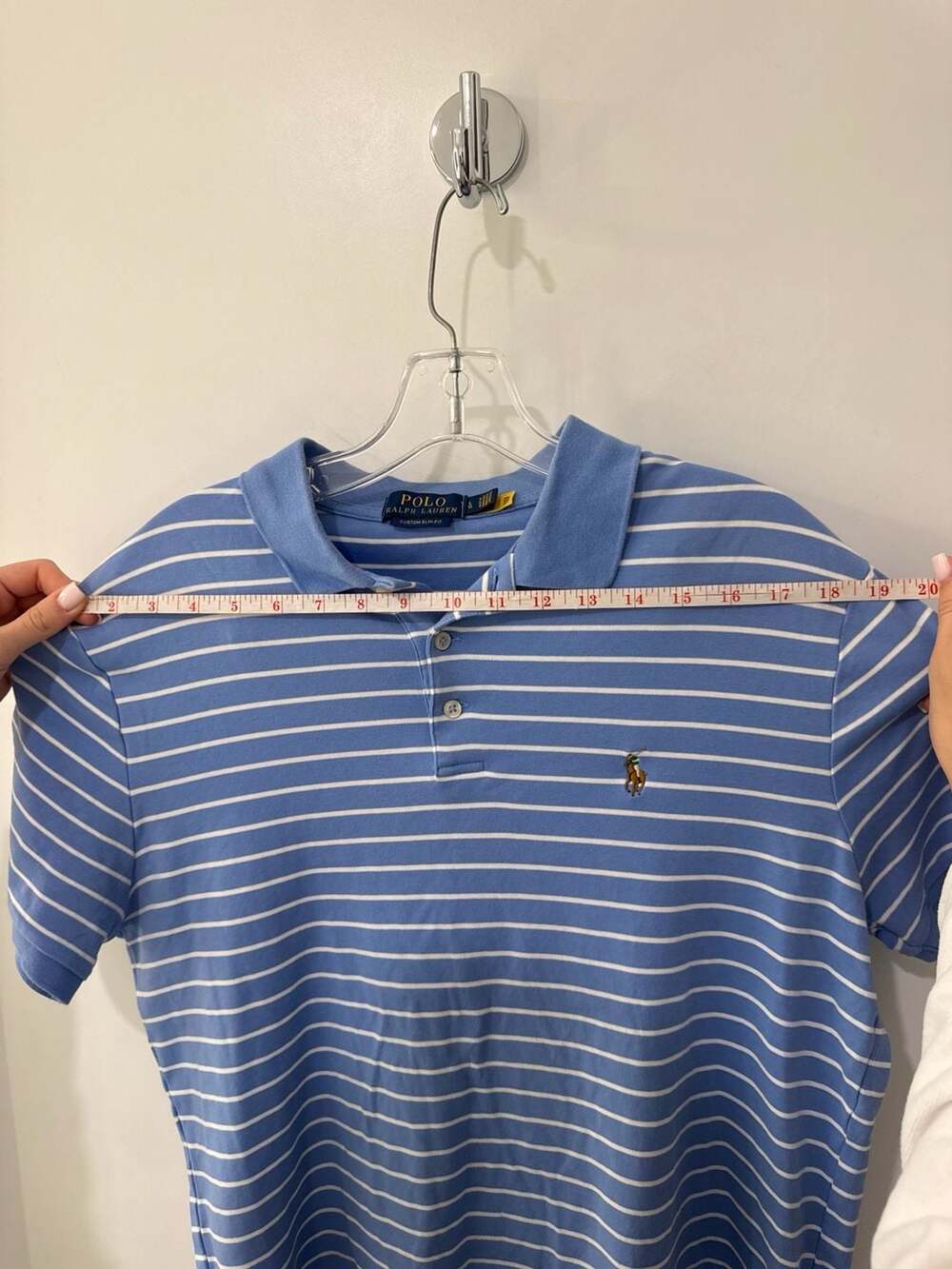 Polo Ralph Lauren Men's Custom Slim Fit Blue and White Striped Polo Shirt - Picture 5 of 7